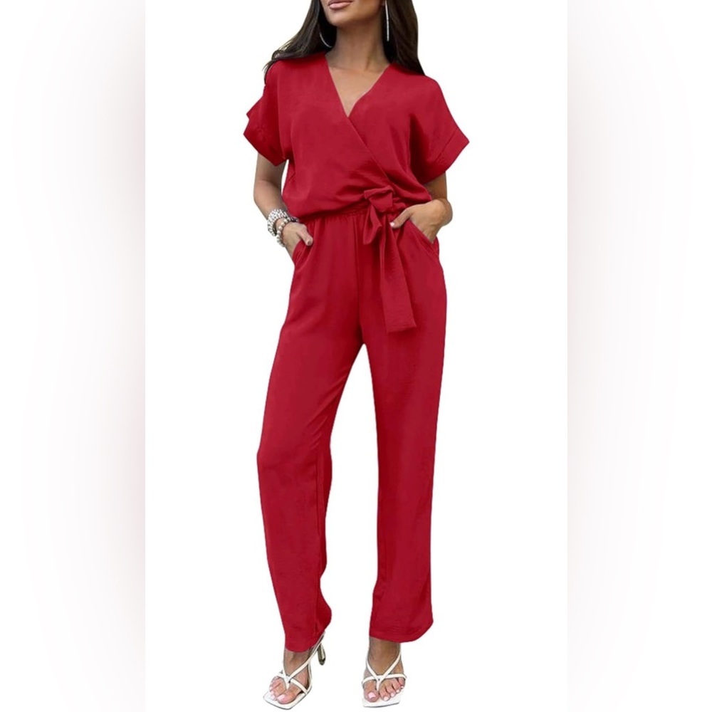 Prettygarden Women's Jumpsuit Casual Short Sleeve Wrap V Neck Belted Wide Leg